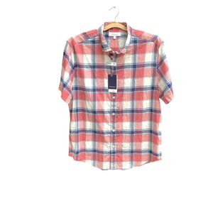 Crown & Ivy Shirt Mens Large Coral Blue Plaid Motion Flex Button Up Short Sleeve